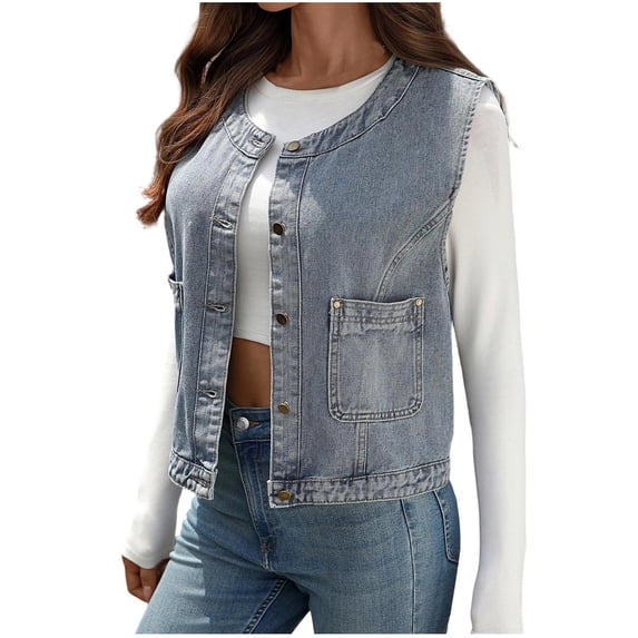 Women Denim Vest Crew Neck Sleeveless Button Down Cardigan Casual Stylish Cropped Jackets With Pockets (XL, Light Blue)