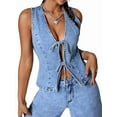 thumbnail image 1 of Women Denim Vest Deep V Neck Tie Up Front Sleeveless Jean Tank Top Low Cut Tight Fit Fashion Cropped Vest Light Blue XL, 1 of 7