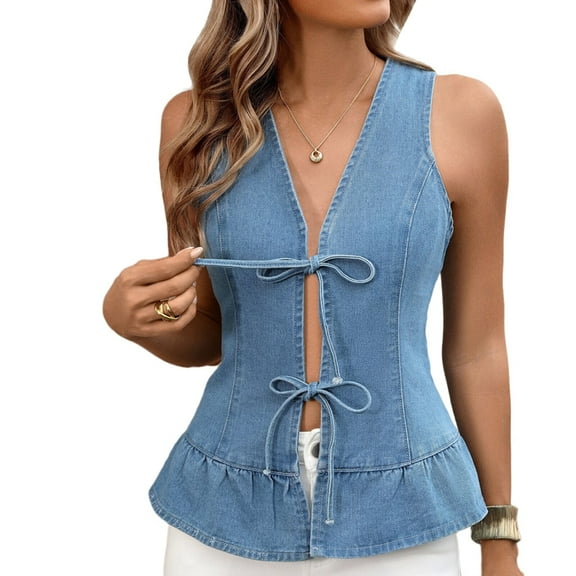 Women Denim Vest Top Sleeveless V Neck Tie Front Jean Vest Y2K Peplum Tank Tops Light Blue XL