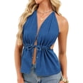 thumbnail image 1 of Women Denim Vest V Neck Bowtie Front Shirt Jean Vest Sleeveless Summer Waistcoat Top XL, 1 of 9