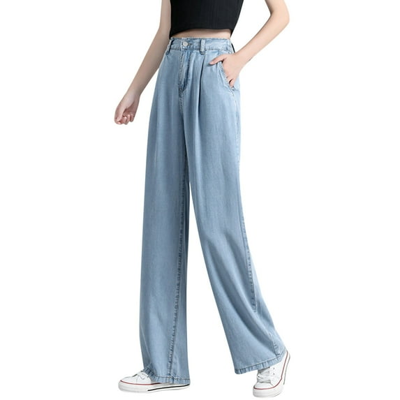 Women Denim Wide Leg Pants Women Elastic High Waist Thin Drape Spring New Loose Straight Pants Jeans Leisure Stylish Trousers
