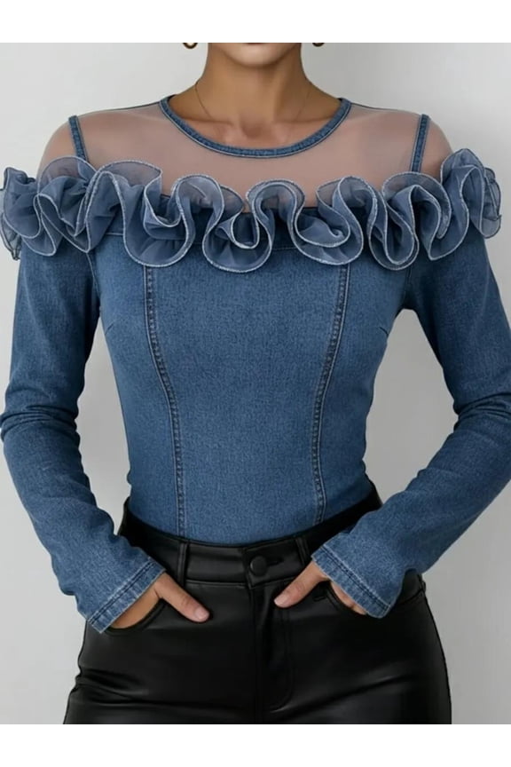 Women Denim and Tulle Patchwork Blouse with All Over Ruffle Long Sleeves Fashion Splicing Top
