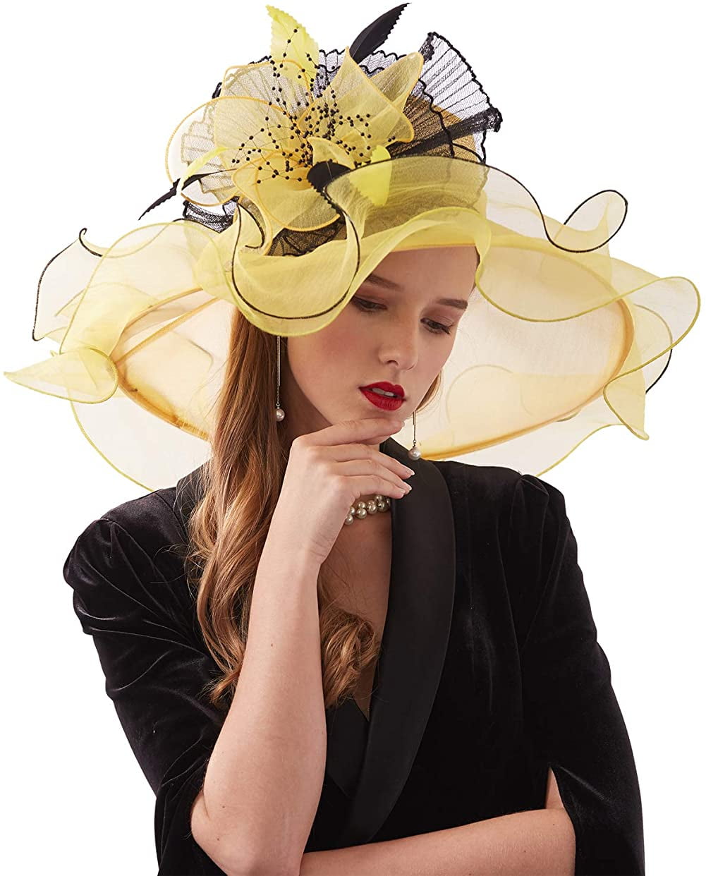 Women\'s Derby Church Hat Organza Flower Fascinator Wide Brim Sun Hat YOLAI Women main image 3