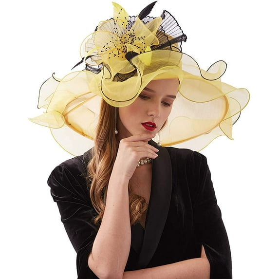 Women Derby Church Hat Organza Flower Wedding Tea Party Fascinator Hat Wide Brim Sun Hat