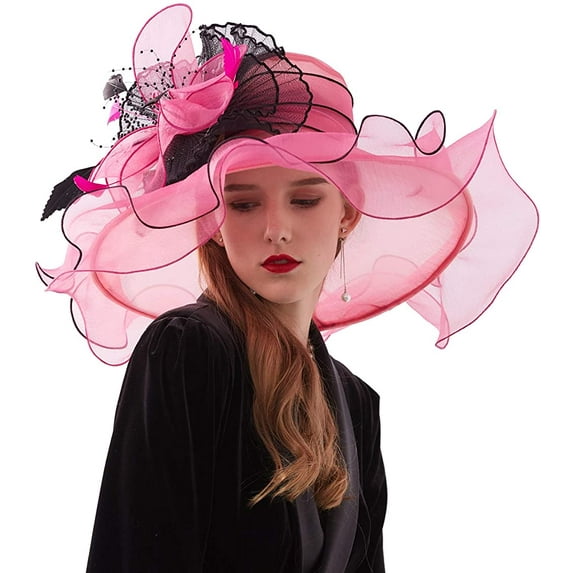 Women Derby Church Hat Organza Flower Wedding Tea Party Fascinator Hat Wide Brim Sun Hat