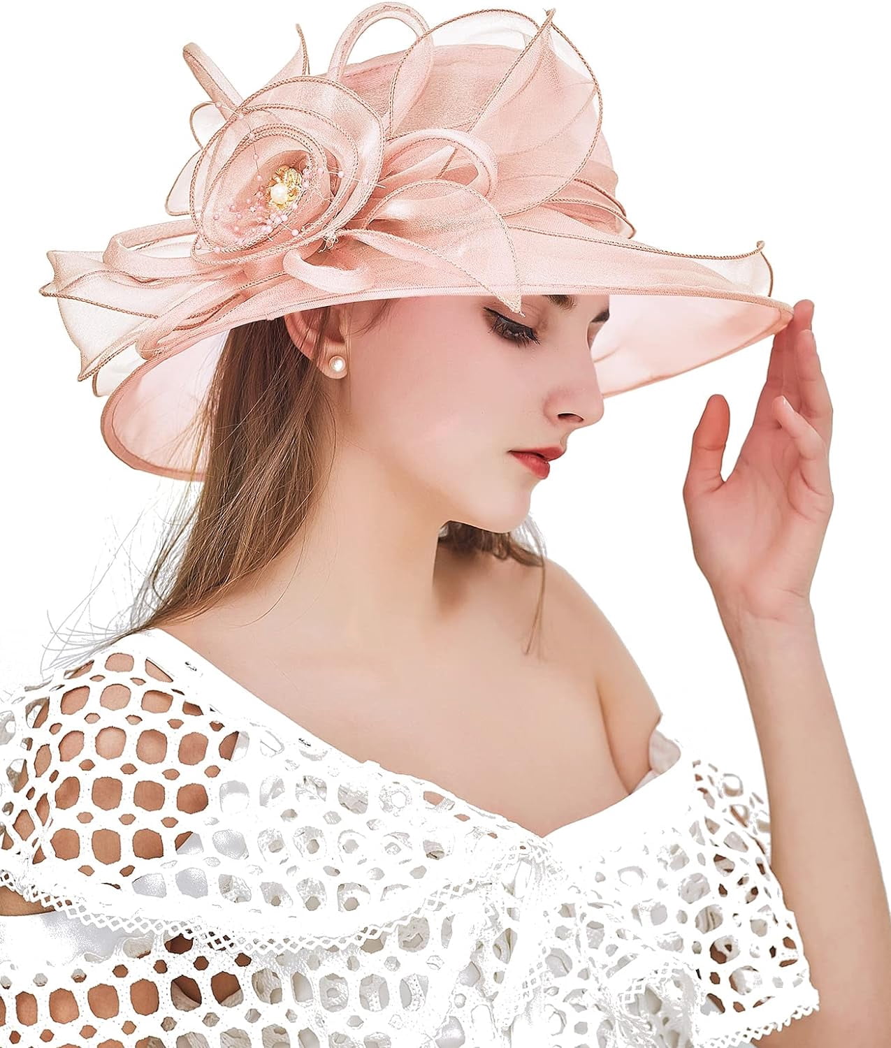 2474 Women\'s Organza Derby Church Hat Wide Brim Fascinator British Wedding Womens Wide Brim Large Derby Fascinator Hat Organza Church  main image 3
