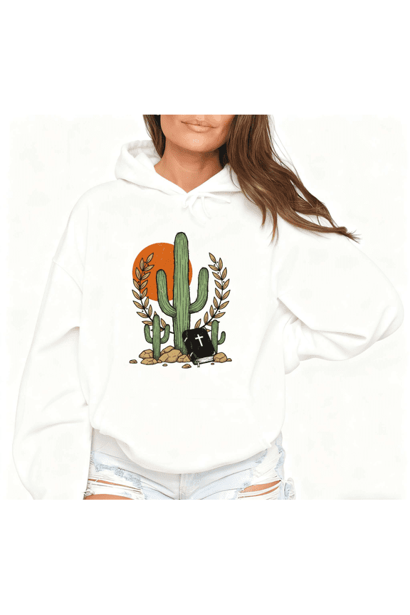 Women Desert Cactus Bible Cross Graphic Hooded Long Sleeved Tops Crew Neck Printed Cotton Hoodie White S-2XL