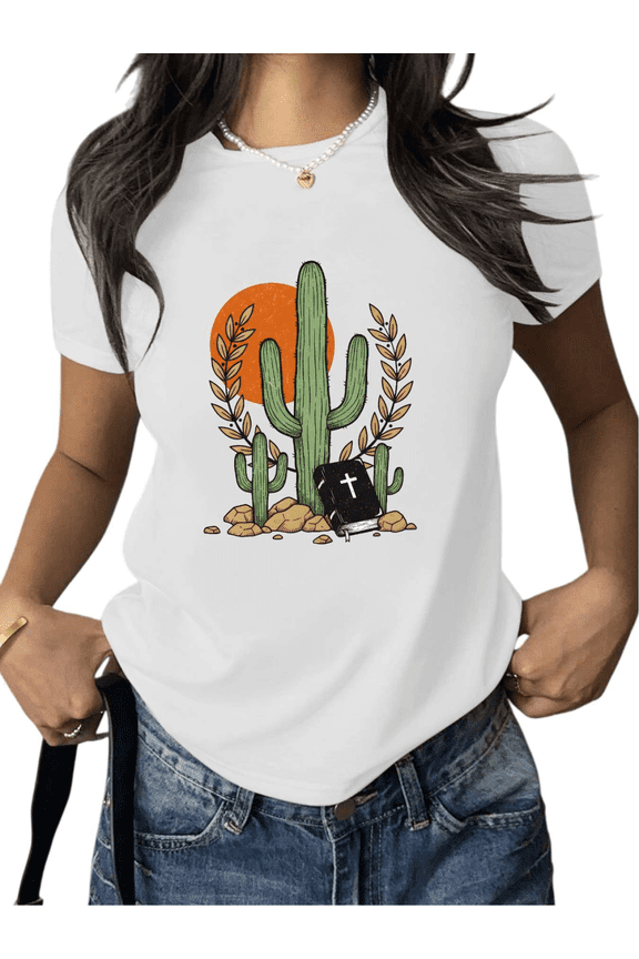 Women Desert Cactus Bible Graphic Tees T Shirt Tops Crew Neck Printed Cotton T Shirt White S-5XL