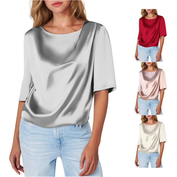 Women Design Satin Short Sleeve Top with Inner Layered T Shirt for All Day Comfort Blue M