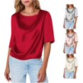 thumbnail image 1 of Women Design Satin Short Sleeve Top with Inner Layered T Shirt for All Day Comfort Red L, 1 of 5