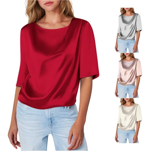 Women Design Satin Short Sleeve Top with Inner Layered T Shirt for All Day Comfort Red L