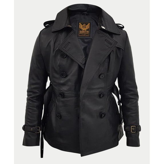 Women Designer Black Slim Trench Three Quarter Coat Jacket SouthBeachLeather