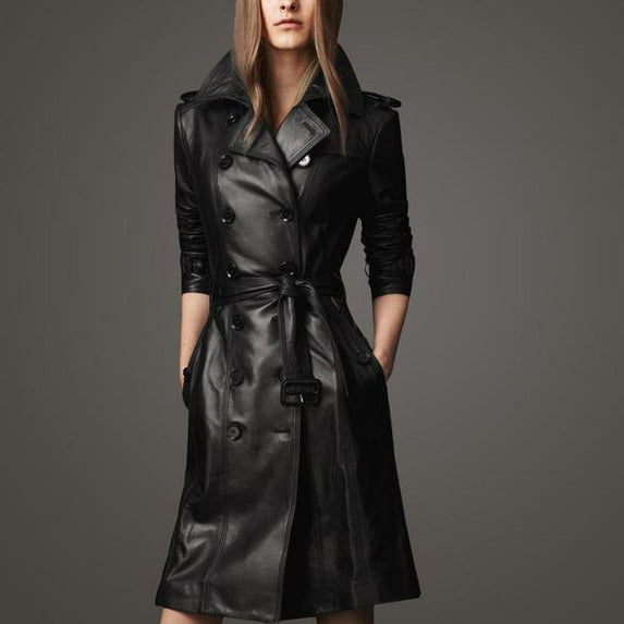 Women Designer Black Trench Faux PU Leather Long Coat with Belt Trench Coat Slim Fit Style for Ladies SouthBeachLeather Medium