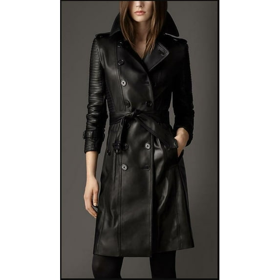 Women Designer Black Trench Leather Long Coat with Belt Trench Outerwear Coat Slim Fit Style for Ladies SouthBeachLeather Large