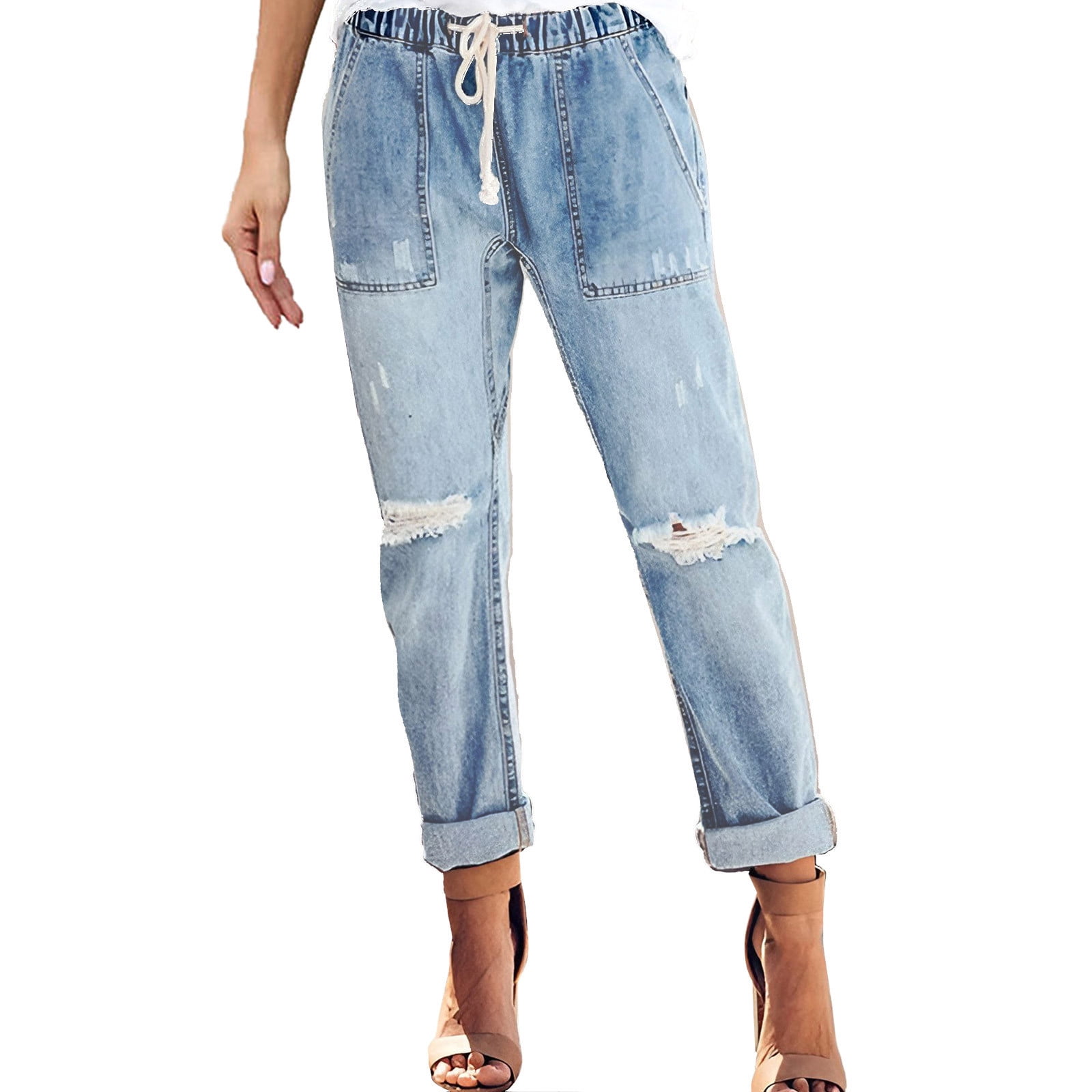 Women Designer Pants Women plus Size Clothes Women Stretchy High Waisted Straight Leg Starp Boyfriend Jeans Frayed Ankle Denim Pants Cute Ripped Jean