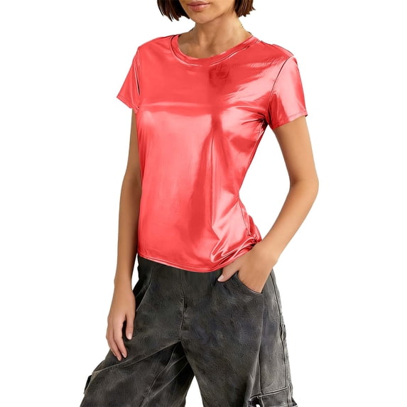Women Disco Metallic Shirt Short Sleeve Shiny Party Club Top 80s Music Festival Sparkly Rainbow Outfit
