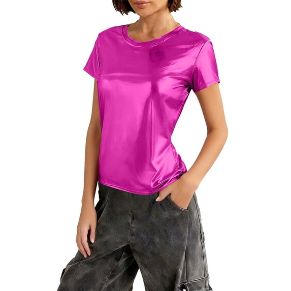 Women Disco Metallic Shirt Short Sleeve Shiny Party Club Top 80s Music Festival Sparkly Rainbow Outfit