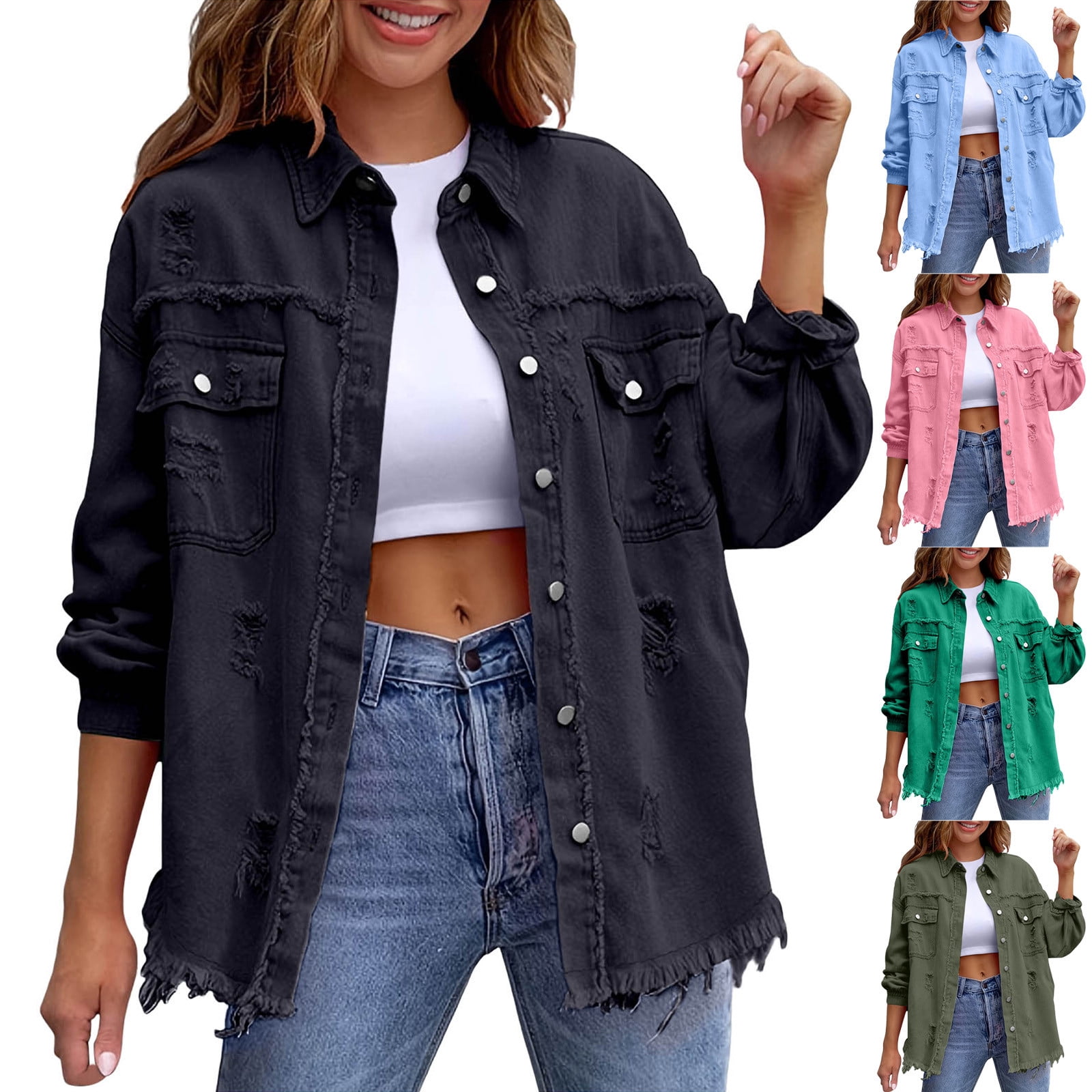 Women Distressed Fringe Denim Trucker Jacket Long Sleeve Button Down ...