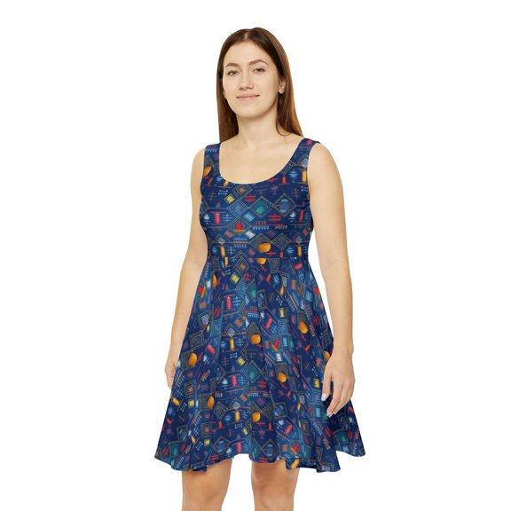 Women Diwali Denim Print Skater Dress, Denim Print Poly-Span Dress - 48