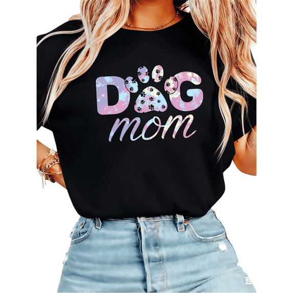 Women Dog Mom Pastel Floral Paw Print Graphic Tees T Shirt Tops Round Neck Printed Cotton T Shirt Black S-5XL