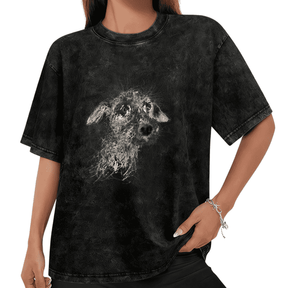 Women Dog Sketch Graphic Tees T Shirt Tops Round Neck Printed Washed Cotton T Shirt Black S-2XL Plus Size
