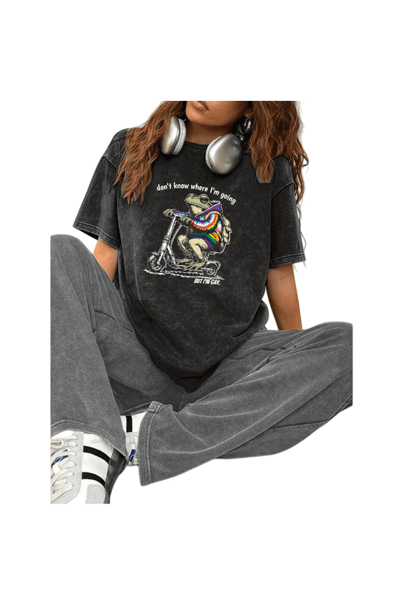 Women Don't Know Where I'm Going But I'm Gay Rainbow Frog On Scooter Graphic Tops Crew Neck Printed Cotton Washed T Shirt Black S-2XL Plus Size