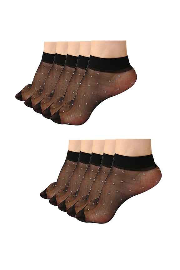 Women Dots Pattern Ankle Length Stretchy Sheer Socks 10 Pairs Black