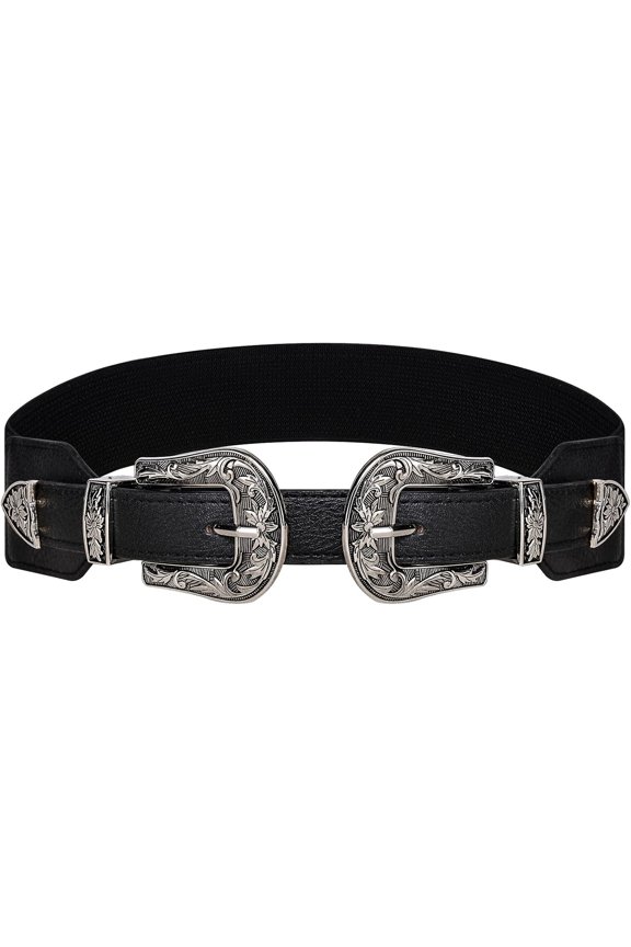 Women Double Belt Leather Belt Buckle Design Elastic Chain Jeans Dresses Cowgirl