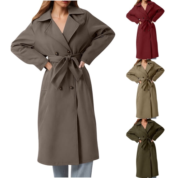 Women Double Breasted Belted Trench Coat Sevevn Notched Lapel Self Tie Waist Long Sleeve Mid Length Outerwear for Business Casual Fall Winter