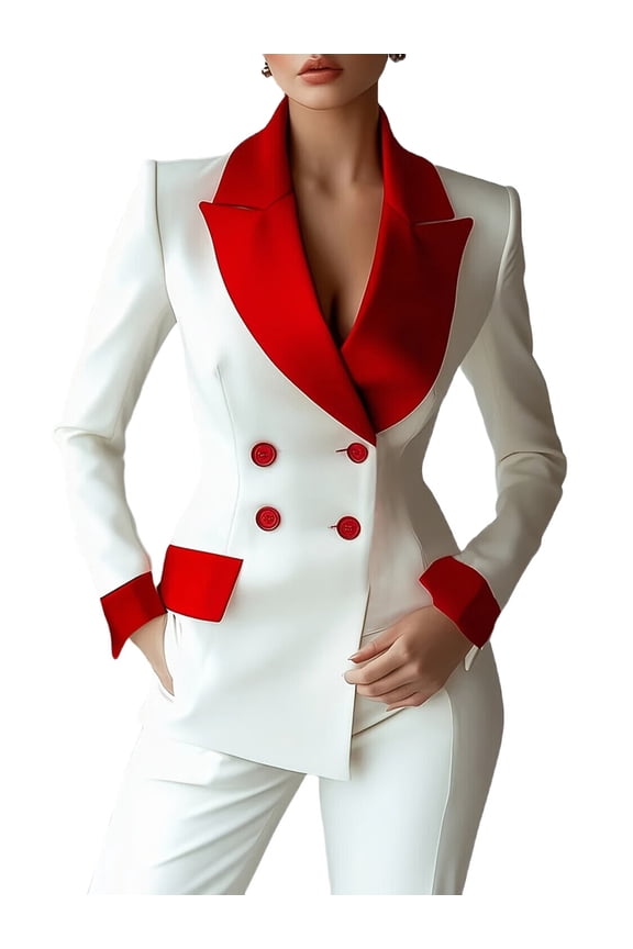 Women Double Breasted Blazer Patchwork Stylish Office Long Sleeve Elegant Casual Short Jacket Outerwear White M