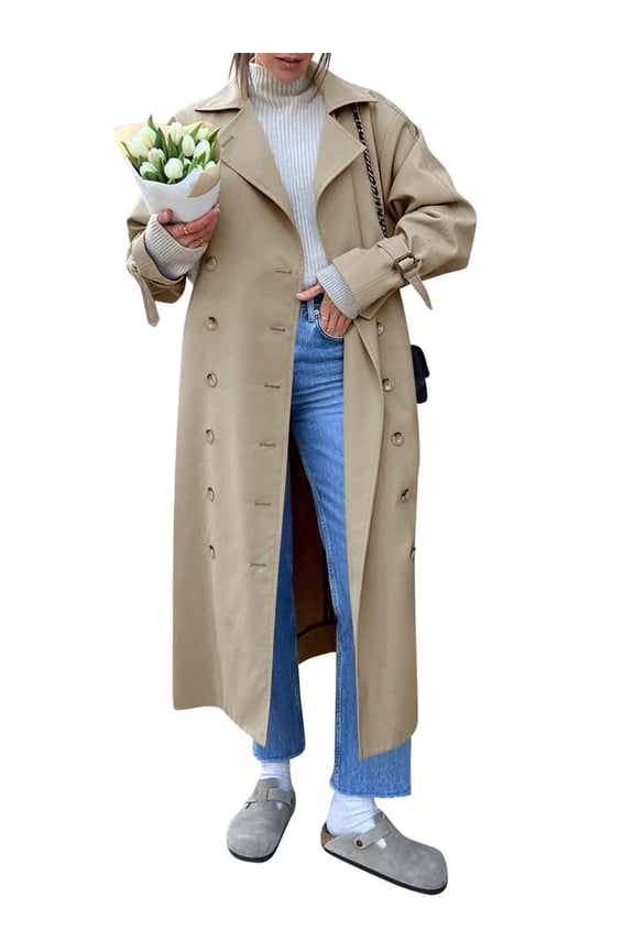 Women Double Breasted Long Trench Coat Windproof Lapel Casual Fall Overcoat