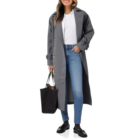 Women Double Breasted Long Trench Coat Windproof Lapel Casual Fall Overcoat