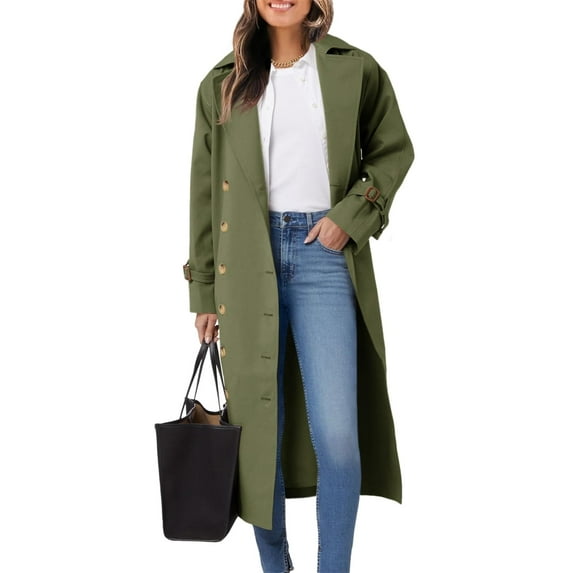 Women Double Breasted Long Trench Coat Windproof Lapel Casual Fall Overcoat