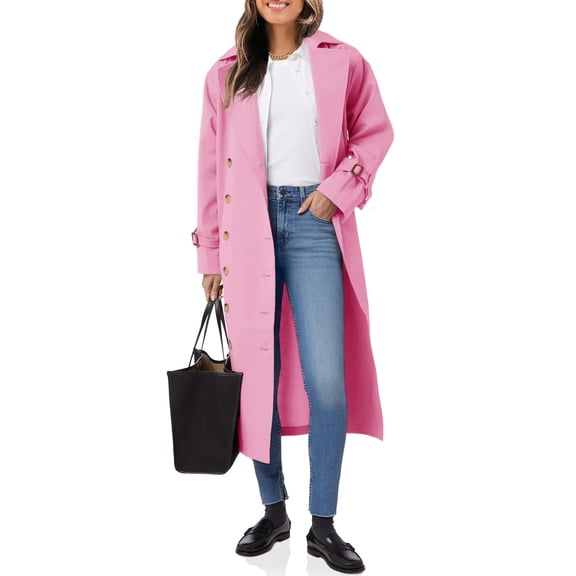 Women Double Breasted Long Trench Coat Windproof Lapel Casual Fall Overcoat