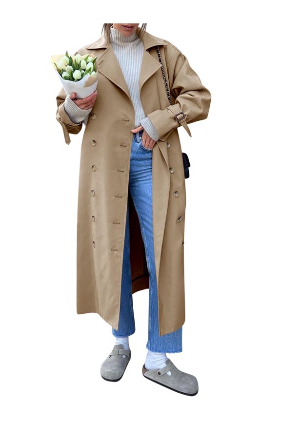 Women Double Breasted Long Trench Coat Windproof Lapel Casual Fall Overcoat