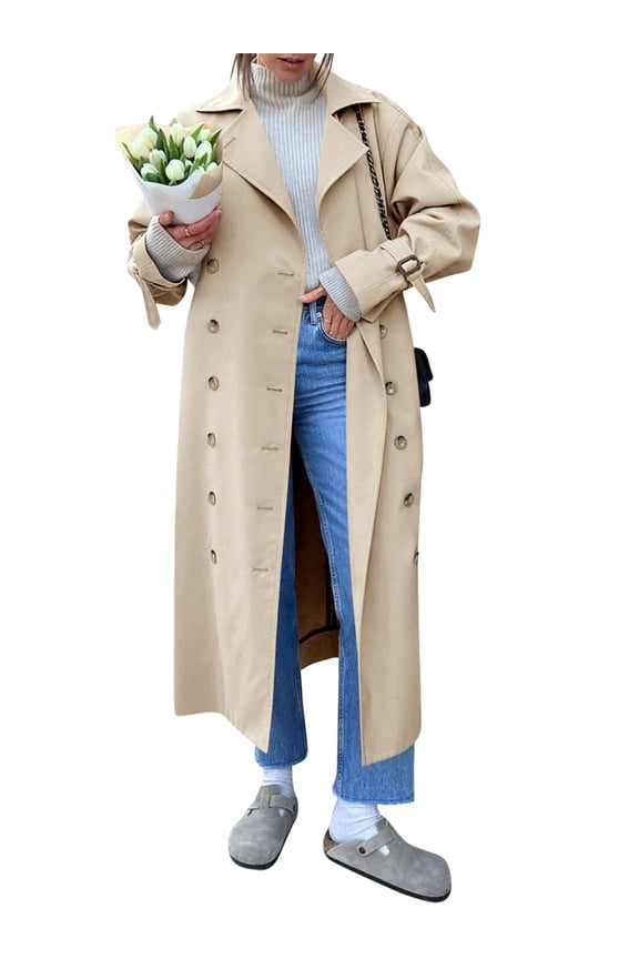 Women Double Breasted Long Trench Coat Windproof Lapel Casual Fall Overcoat