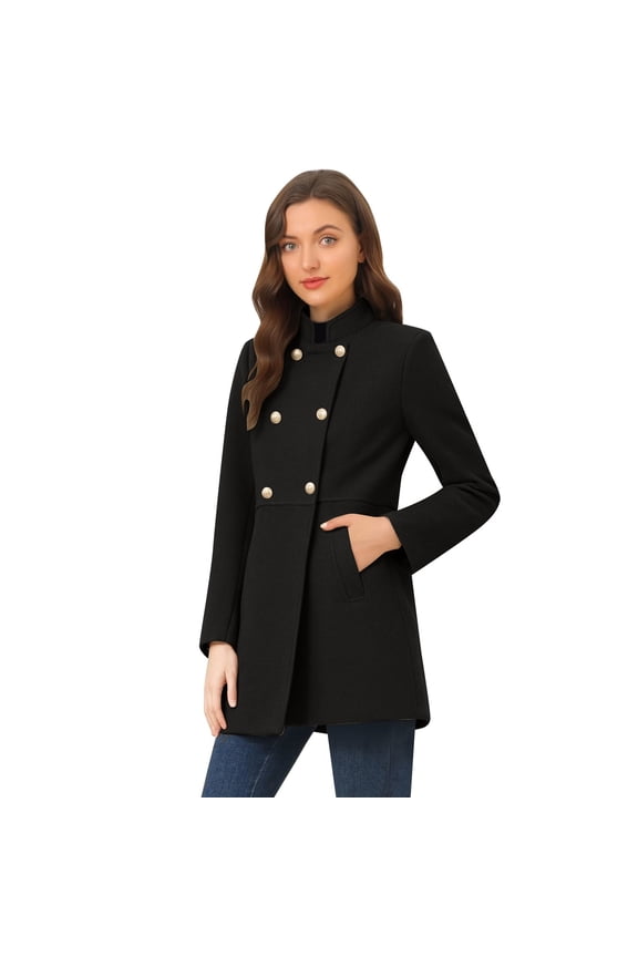 Women Double Pea Coats Stand Collar Wool Blend Trench Coat Mid Length Overcoat Fall Winter Jacket Outerwear