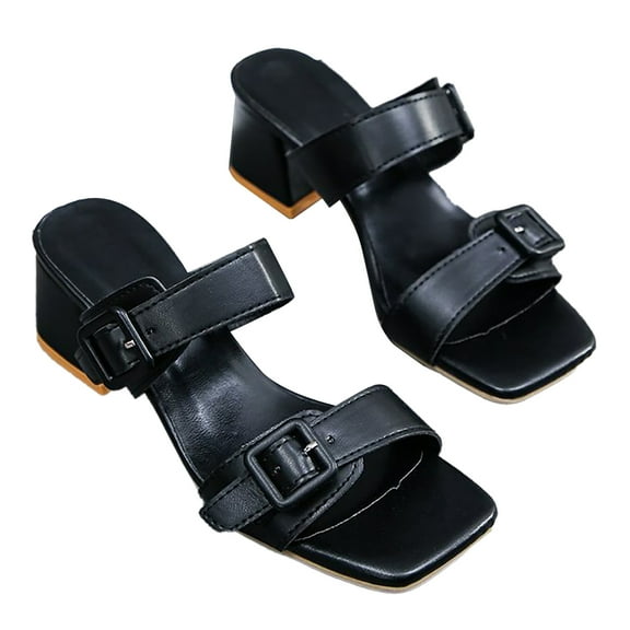 Women Double Buckle Heels Sandals Adjustable Open Toe Slip Resistant Summer Casual Sandals Black 39