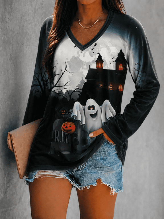 Women Double Layer V Neck Raglan Long Sleeve Halloween Fall Casual Top S-5XL