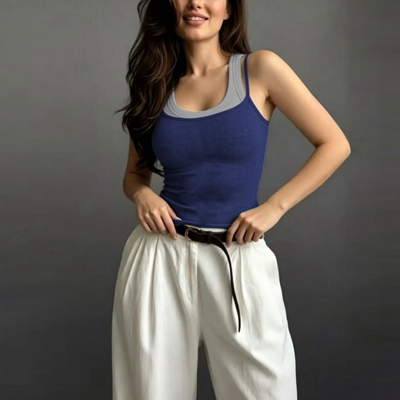 Women Double Layered Cami Tank Top with Built in Bra Spaghetti Strap Workout Yoga Camisole Color Block Strappy Crop Tops Going Out(Dark Blue,S)