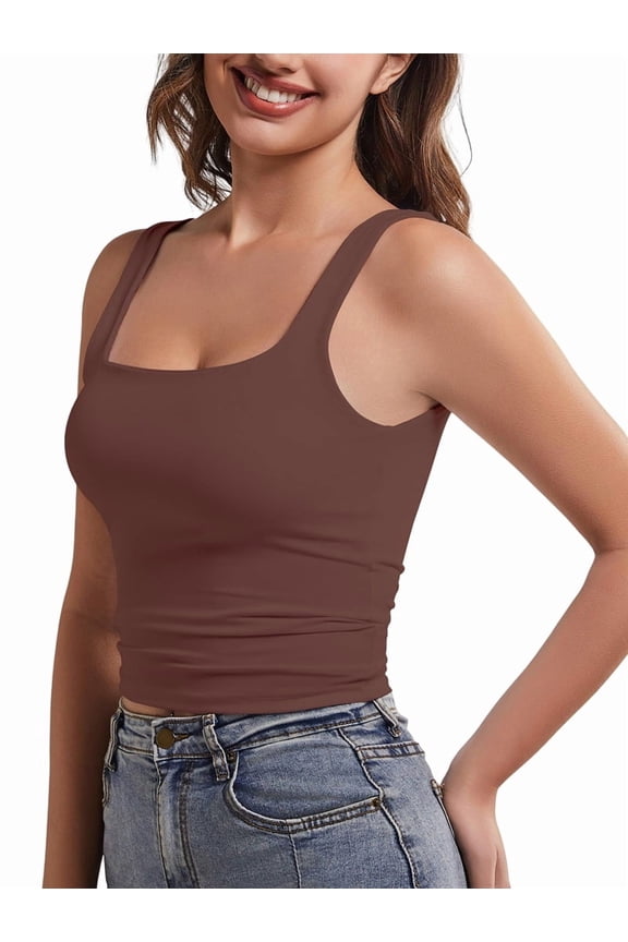 Women Double Lined Womens Tank Tops Y2K Going Out Crop Tops Slim Sleeveless Summer Square Neck Shirts Brown L