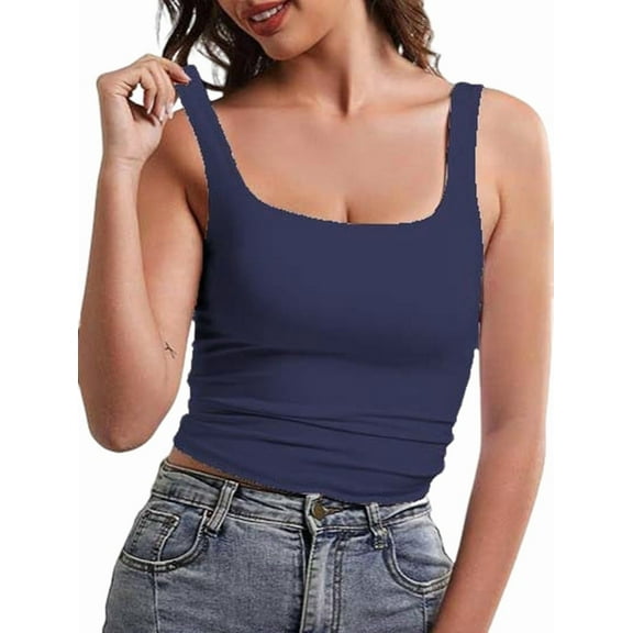 Women Double Lined Womens Tank Tops Y2K Going Out Crop Tops Slim Sleeveless Summer Square Neck Shirts Dark Blue M