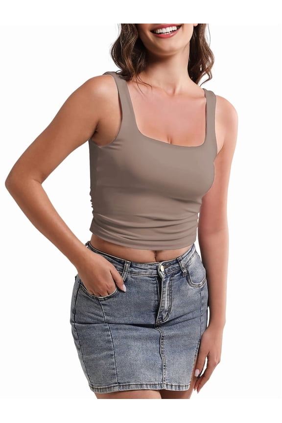 Women Double Lined Womens Tank Tops Y2K Going Out Crop Tops Slim Sleeveless Summer Square Neck Shirts Light Brown XS