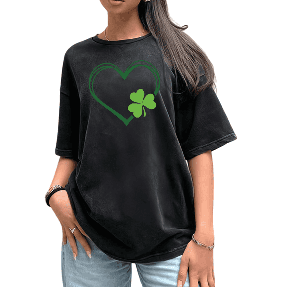Women Double Outline Heart Clover St Patricks Day Cotton Graphic Tee Round-neck Printed Washed T Shirt Black S-2XL Plus Size
