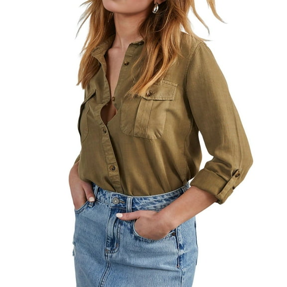 Women Double Pockets Spliced Decoration Denim Shirt Jacket Single-Breasted Lapel Casual Female Tops Dark Brown L