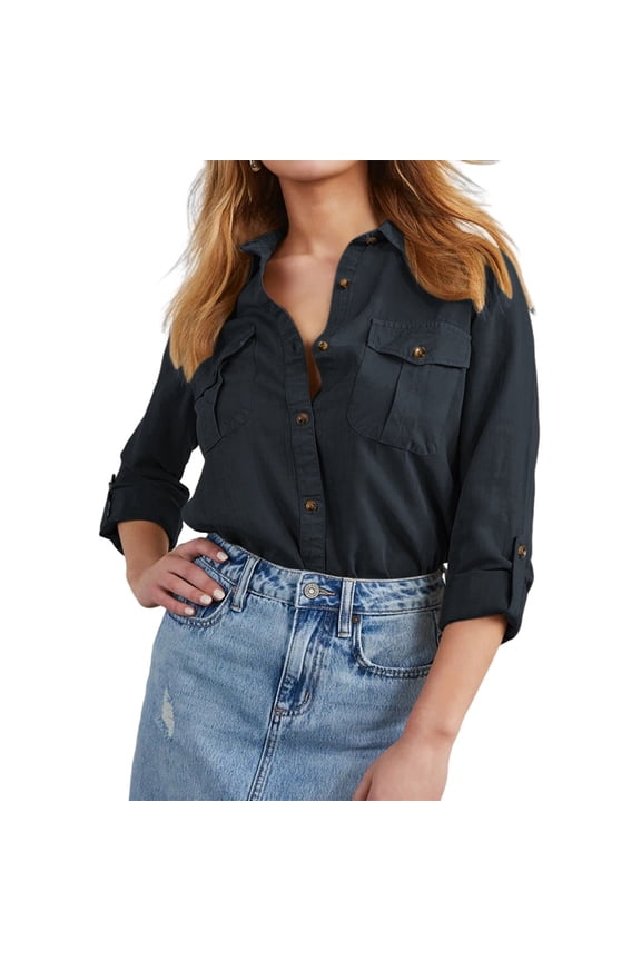 Women Double Pockets Spliced Decoration Denim Shirt Jacket Single-Breasted Lapel Casual Female Tops Navy Blue XL
