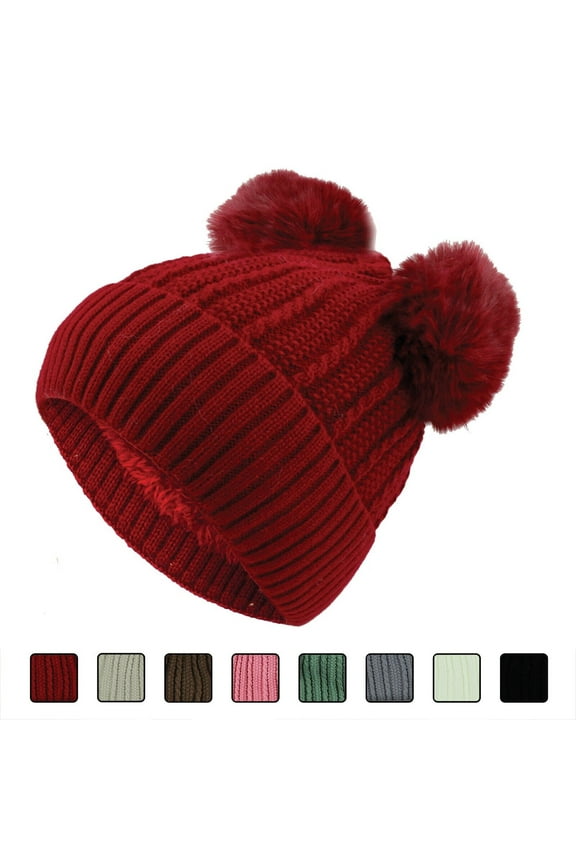Women Double Pom Pom Beanies Hat, Winter Hats for Women Cold Weather Warm Knit.