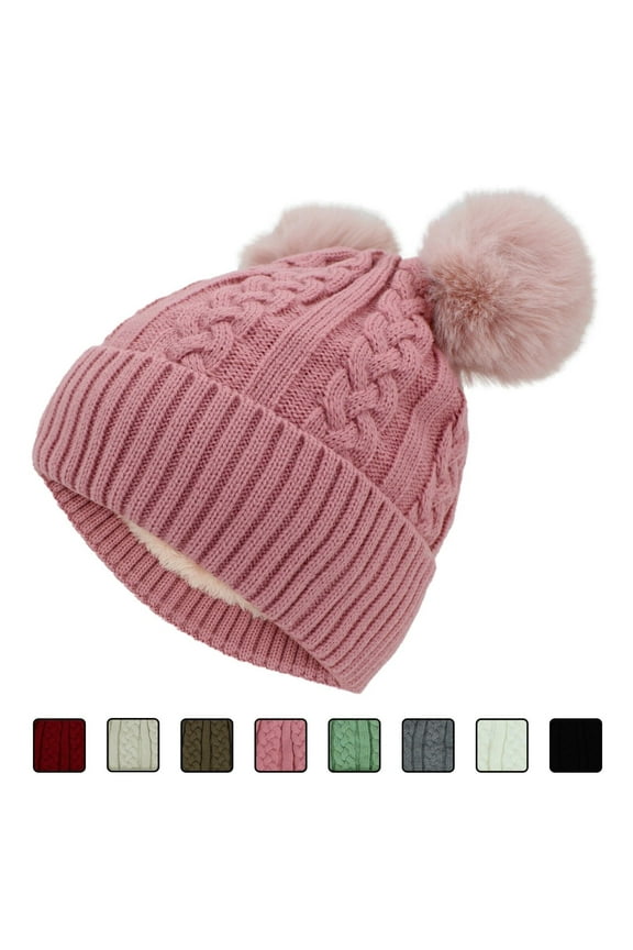 Women Double Pom Pom Beanies Hat, Winter Hats for Women Cold Weather Warm Knit.
