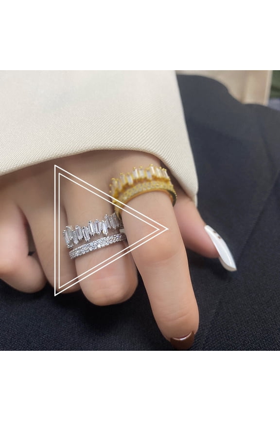 Women Double Ring Zircon Studded Irregular Rectangular Geometrical Silver Plated Fashion Jewelry Everyday Wear