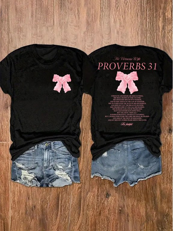 Women Double Sided Proverbs 31 The Virtuous Wife Pink Bow Graphic T-Shirt Christian Faith Inspirational Scripture Casual Short Sleeve Tee